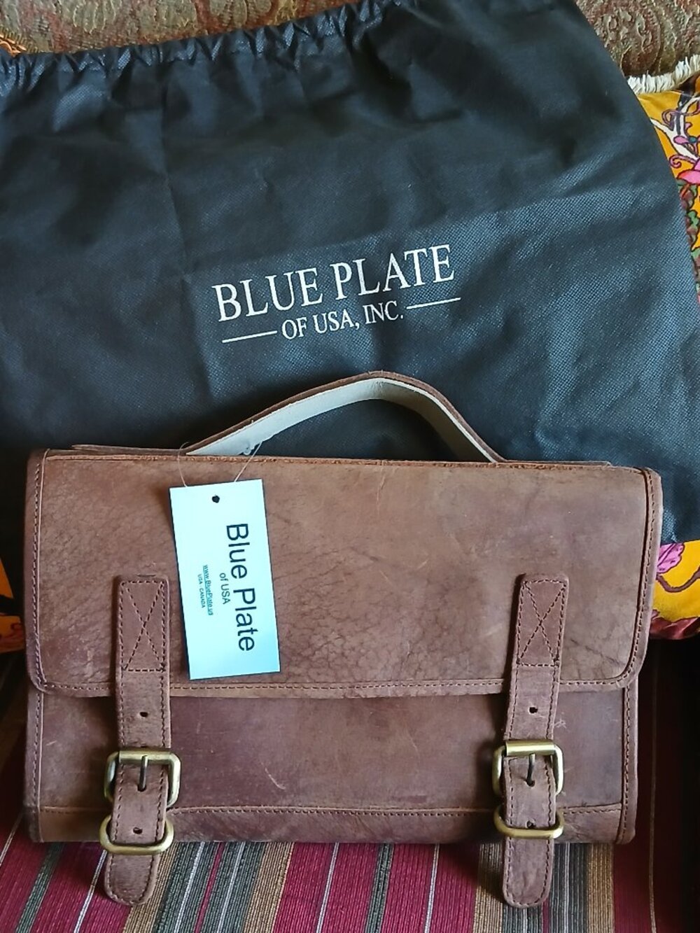 NWT Blue Plate of USA Leather Trifold Hanging Toiletry Bag Dopp Kit